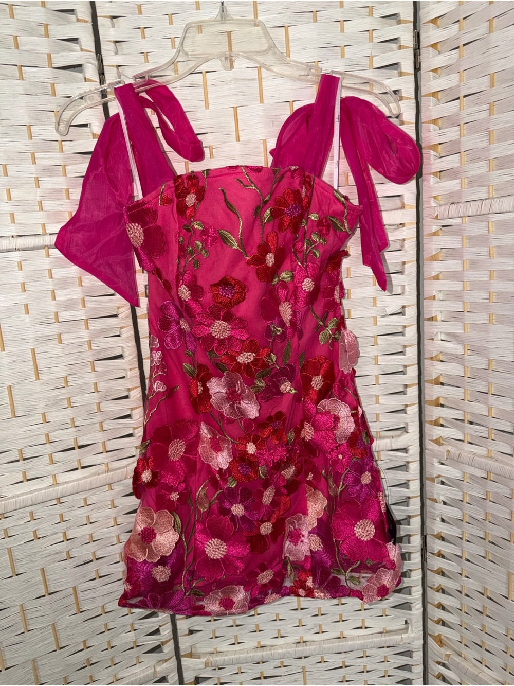 Lulu's Hot Pink Floral Embroidered Tie-Shoulder Mini Dress